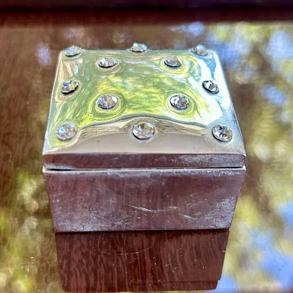 Vintage Silver Plated Rhinestone Studded Trinket Box – 2” Square Jewelry Box